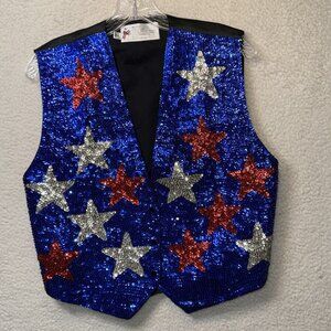 JC 001 USA American StartSequin Vest Large Snap Front Patriotic Red White Blue